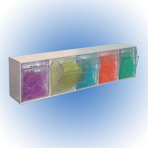 Tilt Bin® Organizers. Includes 5 removable bins, mounting screws, and bin labels.