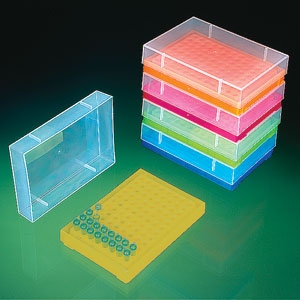 Compact polypropylene PCR tube rack, mixed neon colors, 5 in L x 3 1/2 in D x 1 5/16 in H, 5/pack