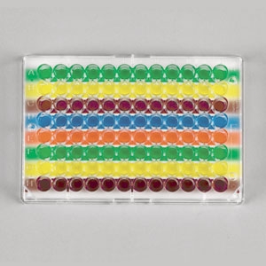 Multicolored well orienter, thin waterproof plastic card that fits under a standard microplate, 2 cards per pack, for 96 well plates horizontal stripes
