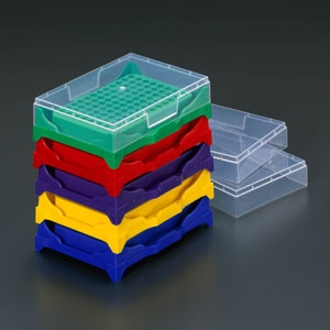 Stackable polypropylene PCR tube rack, mixed colors, 5 1/2 in L x 4 1/8 in W x 1 9/16 in H, 5/pack